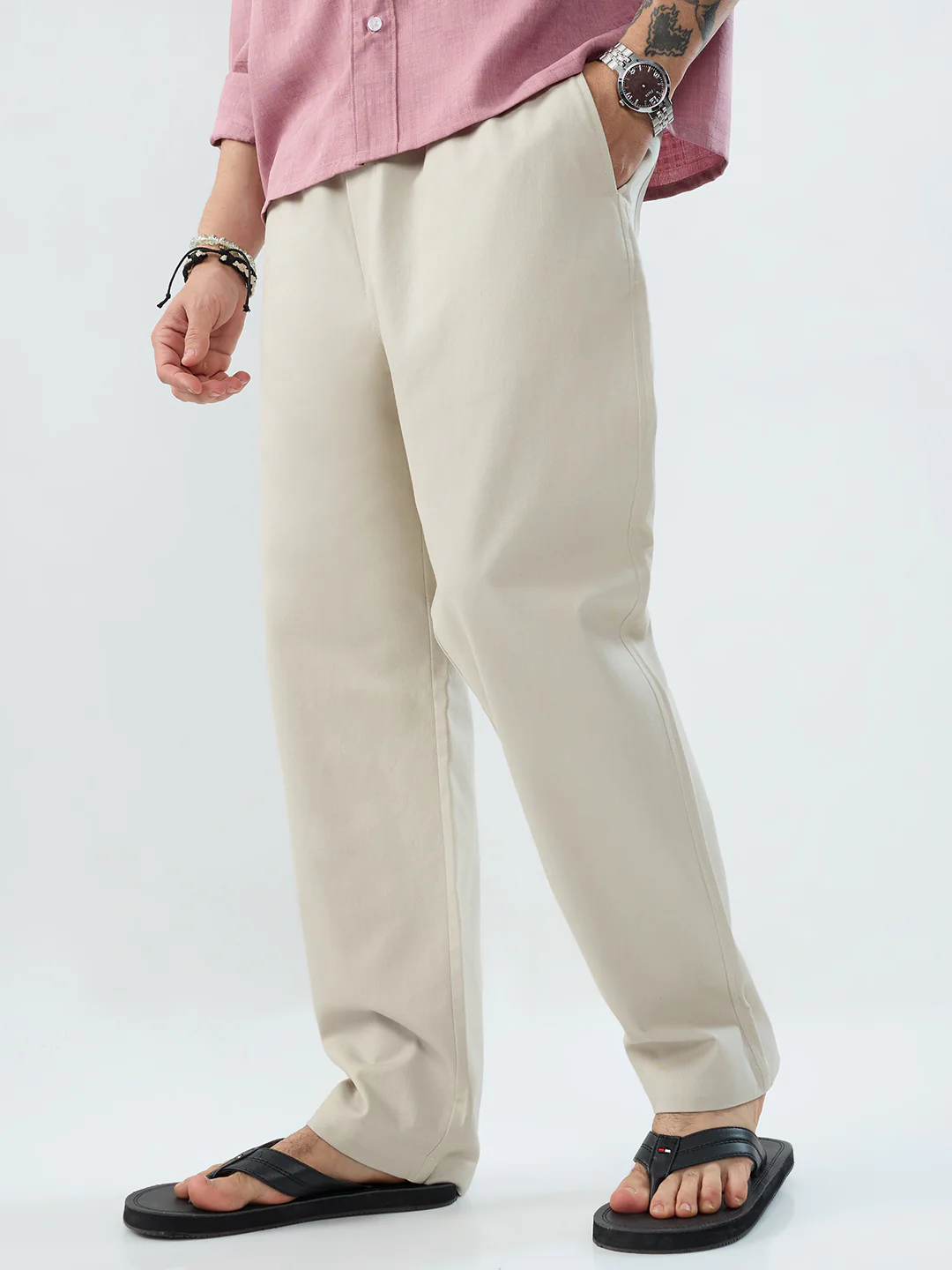 Solid Stone Beige Tapered Trousers - Image 5