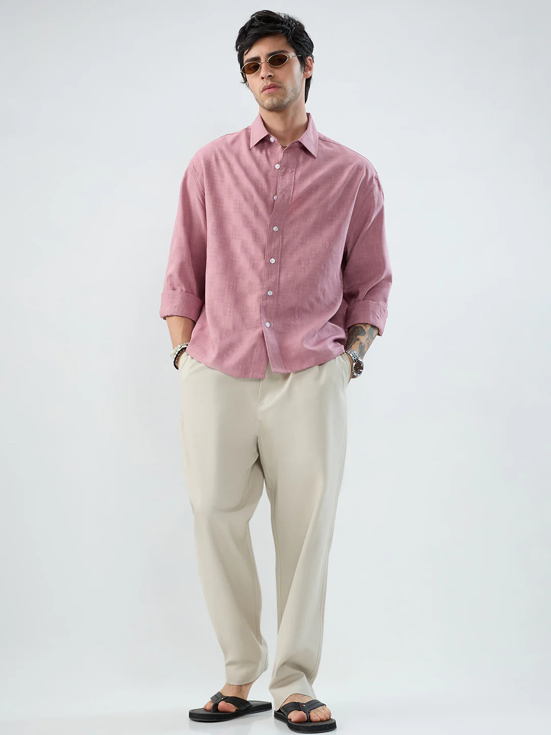 Solid Stone Beige Tapered Trousers - Image 7