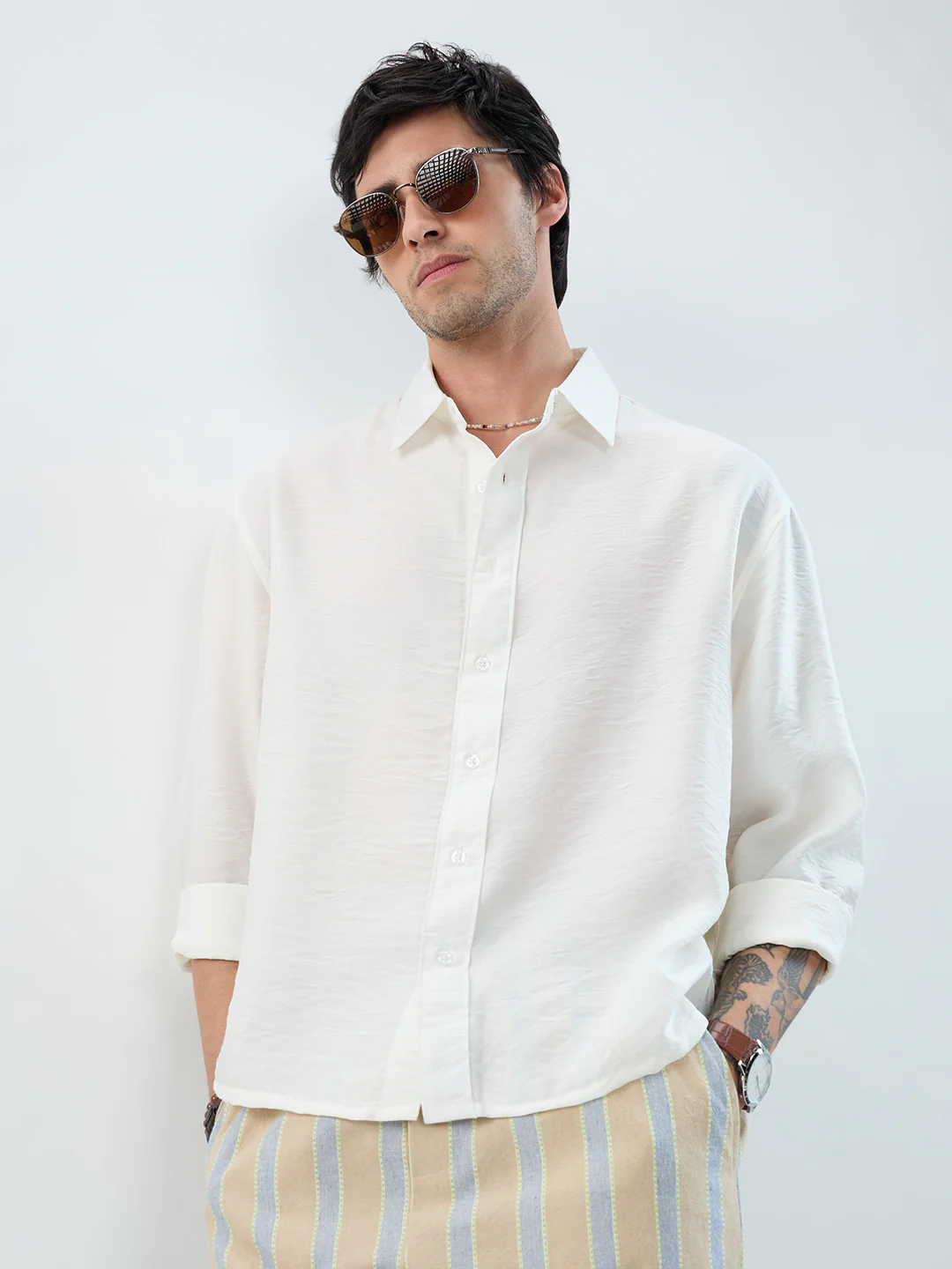 Solid White Crinkled Boxy Fit Crop Shirt