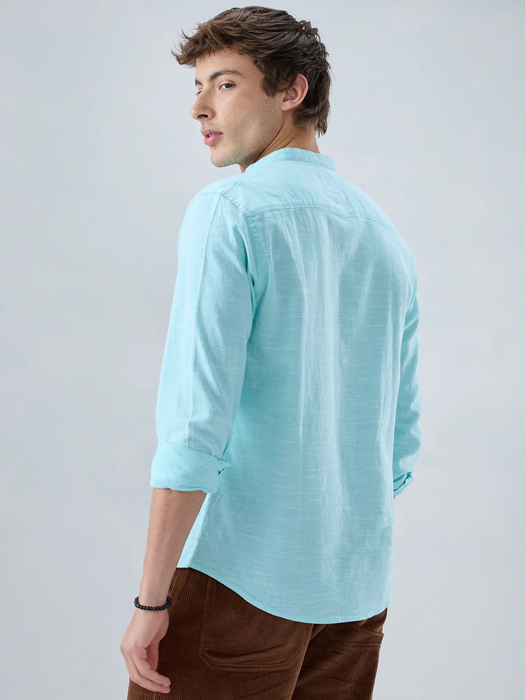 Spring Green Textured Mandarin Collar Shirt - Image 6