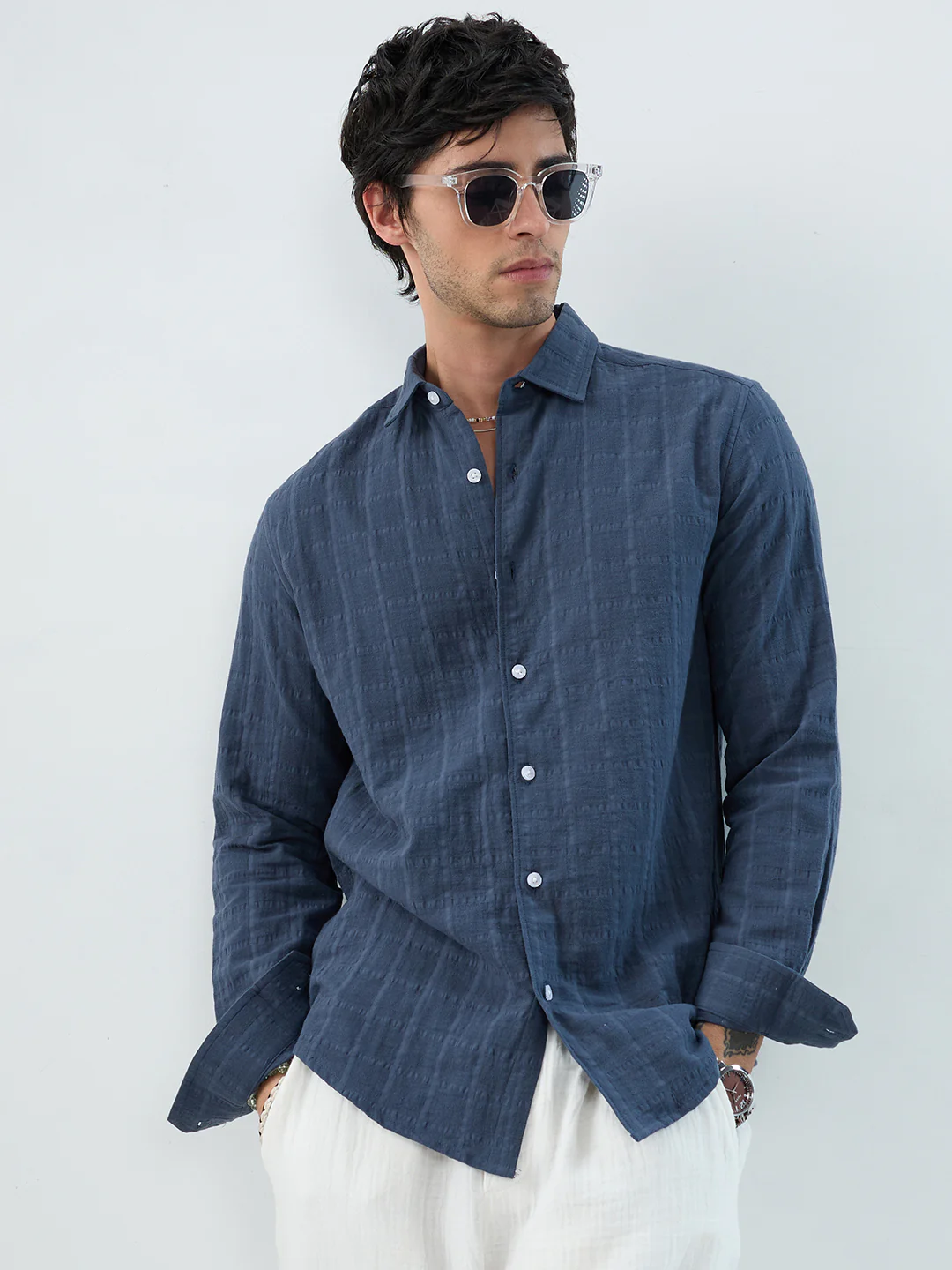 Spruce Blue Double Cloth Seersucker Checks Shirt