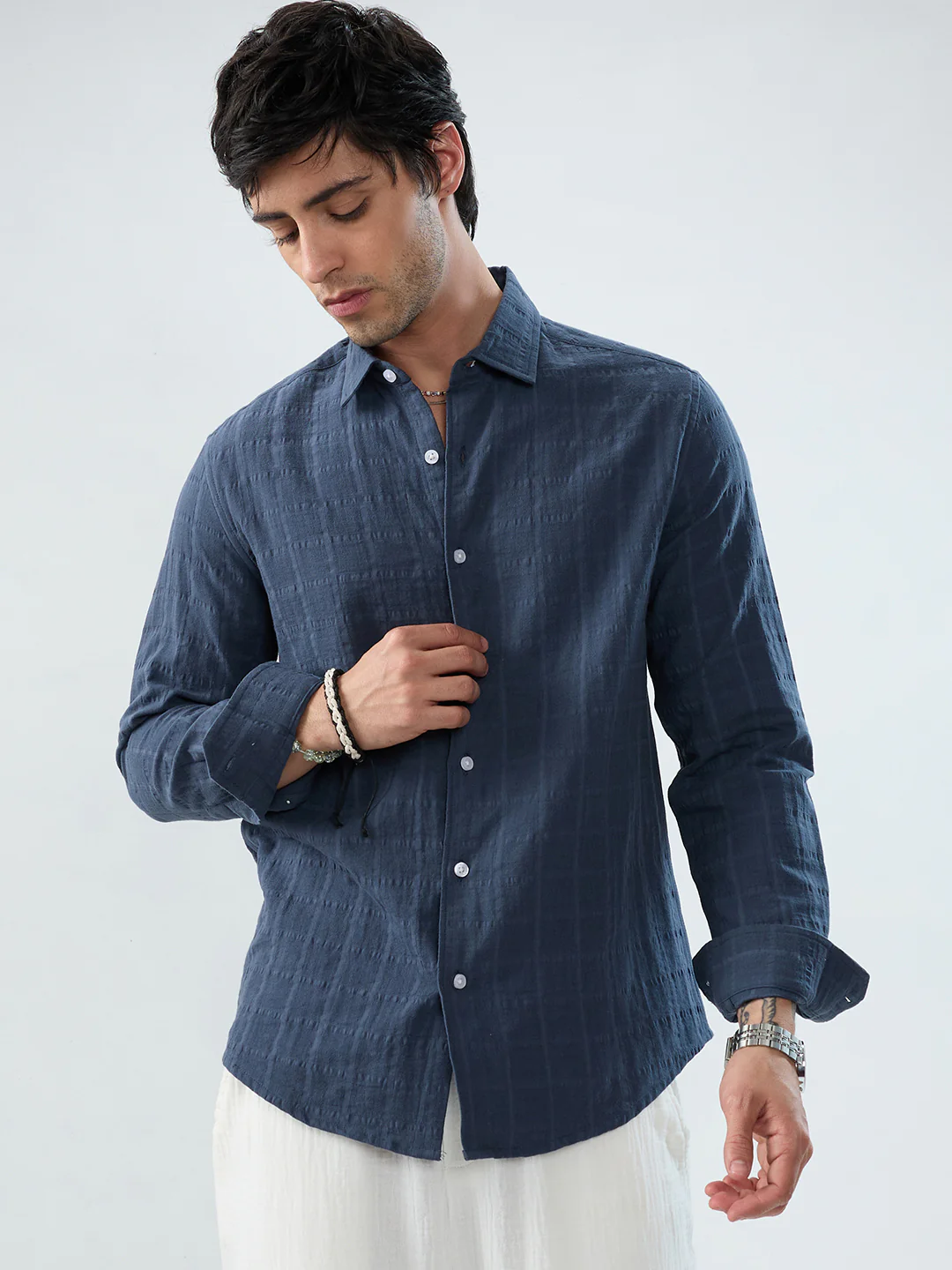 Spruce Blue Double Cloth Seersucker Checks Shirt - Image 5
