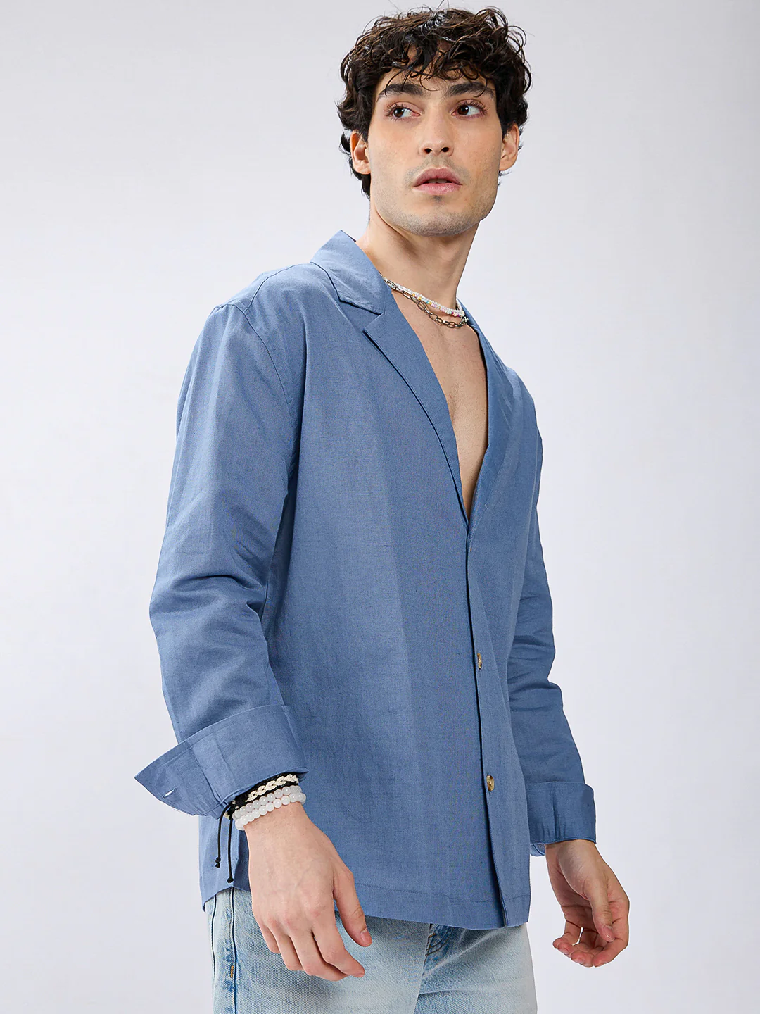 Steel Blue Linen Blend Lapel Collar Oversized Shirt - Image 6