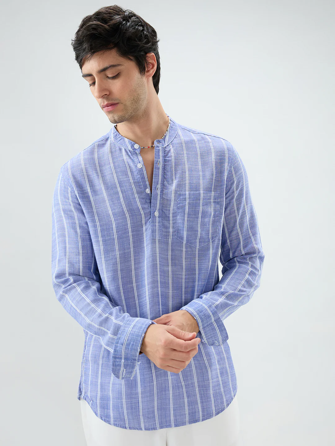 Steel Blue Striped Kurta - Image 5