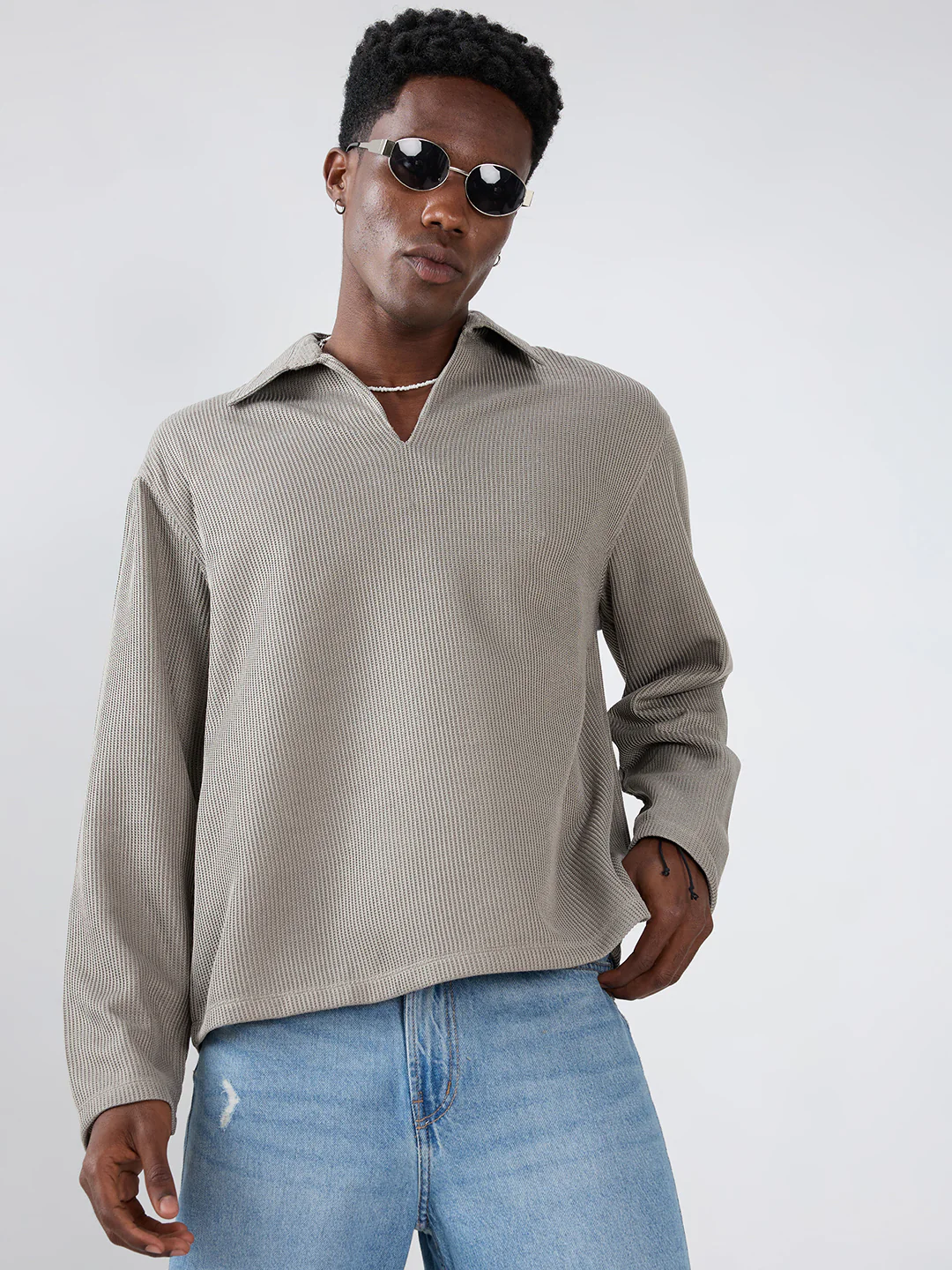 Steel Grey Refined Textured Knitted Oversized Polo Shirt - Image 2