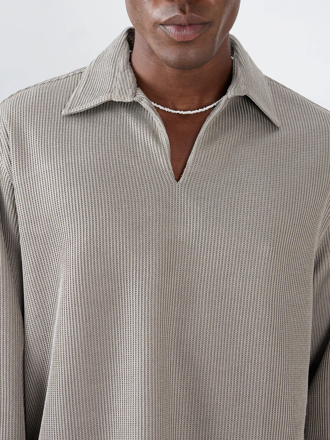 Steel Grey Refined Textured Knitted Oversized Polo Shirt - Image 3