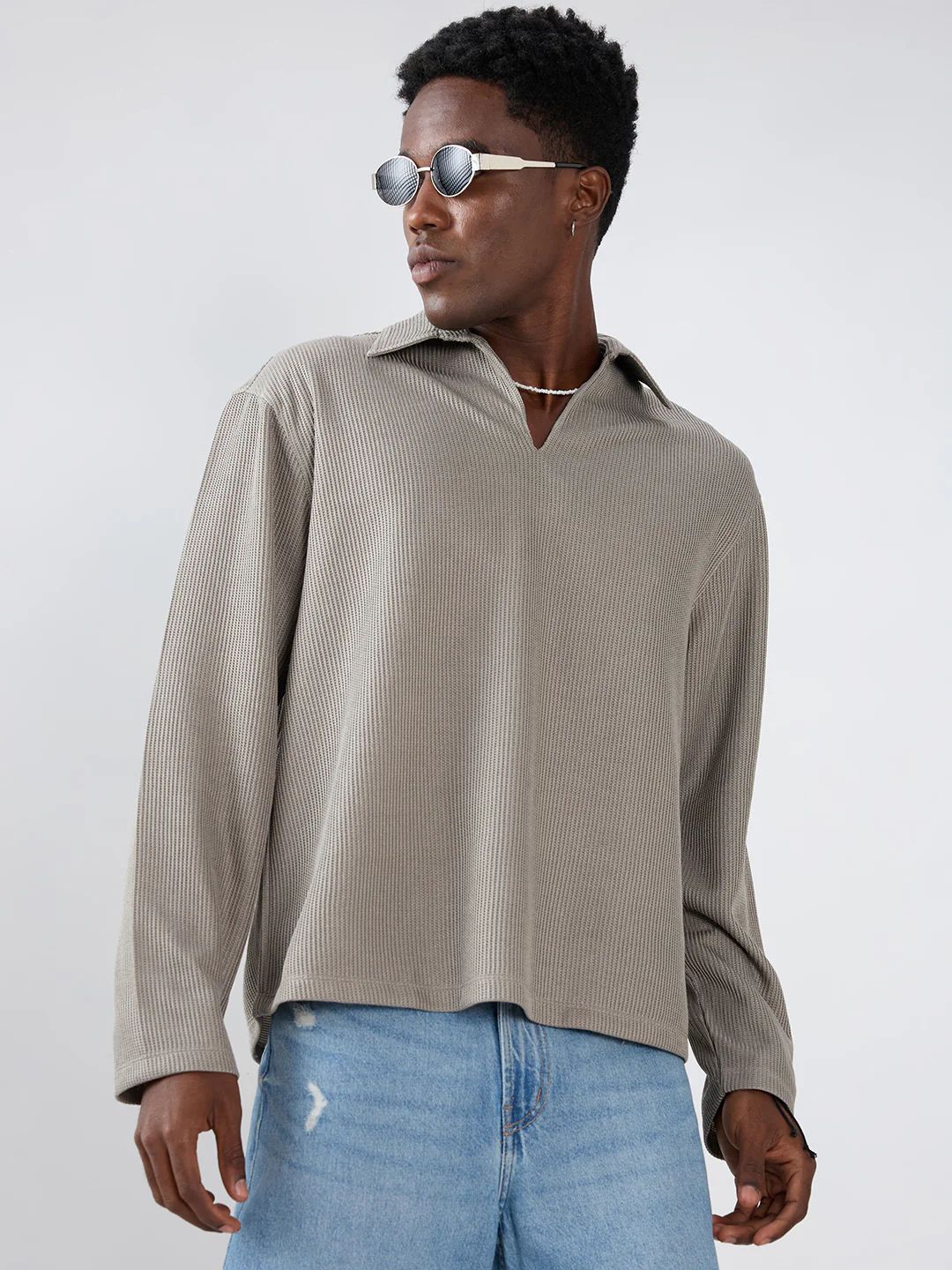 Steel Grey Refined Textured Knitted Oversized Polo Shirt - Image 4