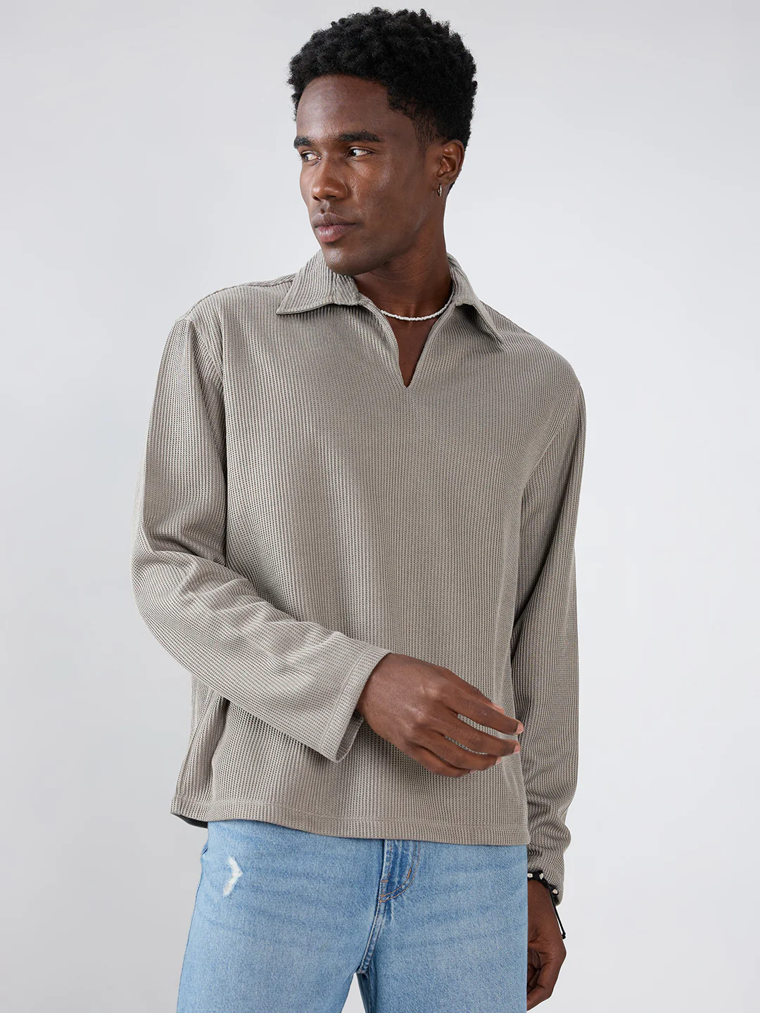 Steel Grey Refined Textured Knitted Oversized Polo Shirt - Image 5