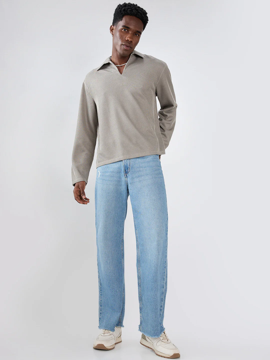 Steel Grey Refined Textured Knitted Oversized Polo Shirt - Image 8