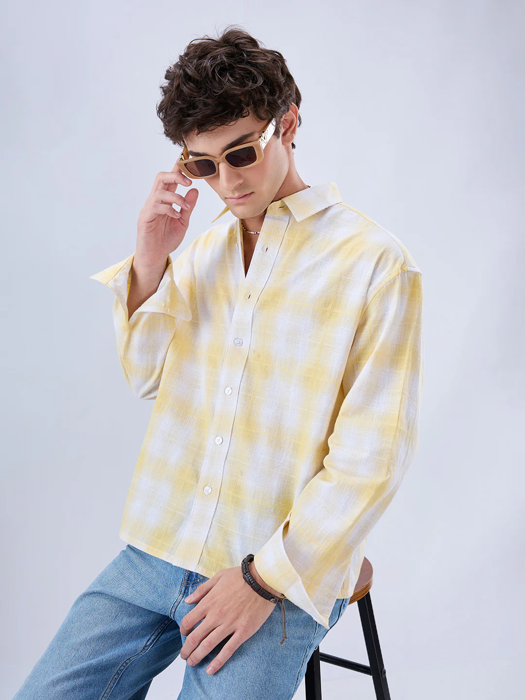 Sun Yellow Slub Grid Checks Boxy Fit Crop Shirt - Image 2