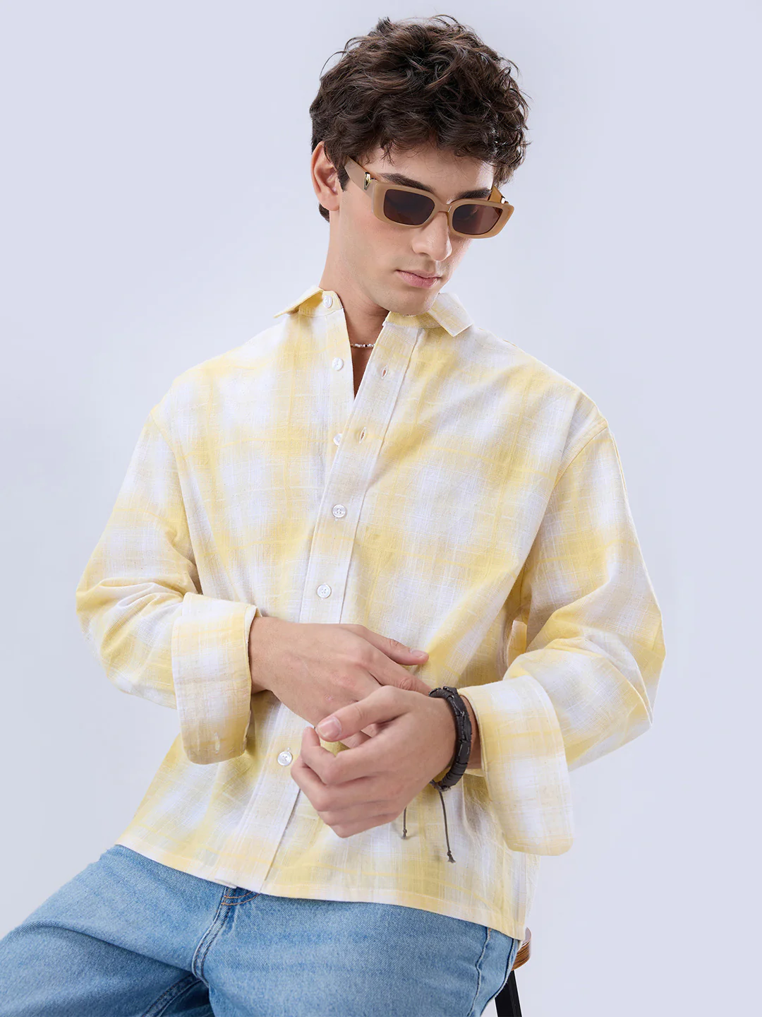 Sun Yellow Slub Grid Checks Boxy Fit Crop Shirt - Image 4
