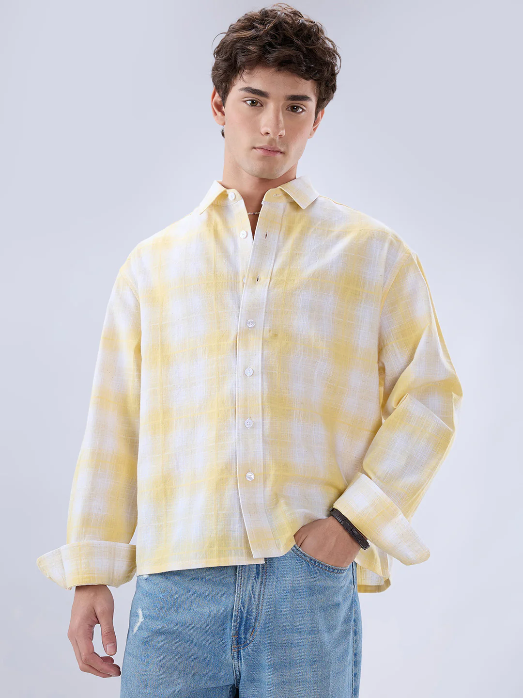 Sun Yellow Slub Grid Checks Boxy Fit Crop Shirt - Image 5