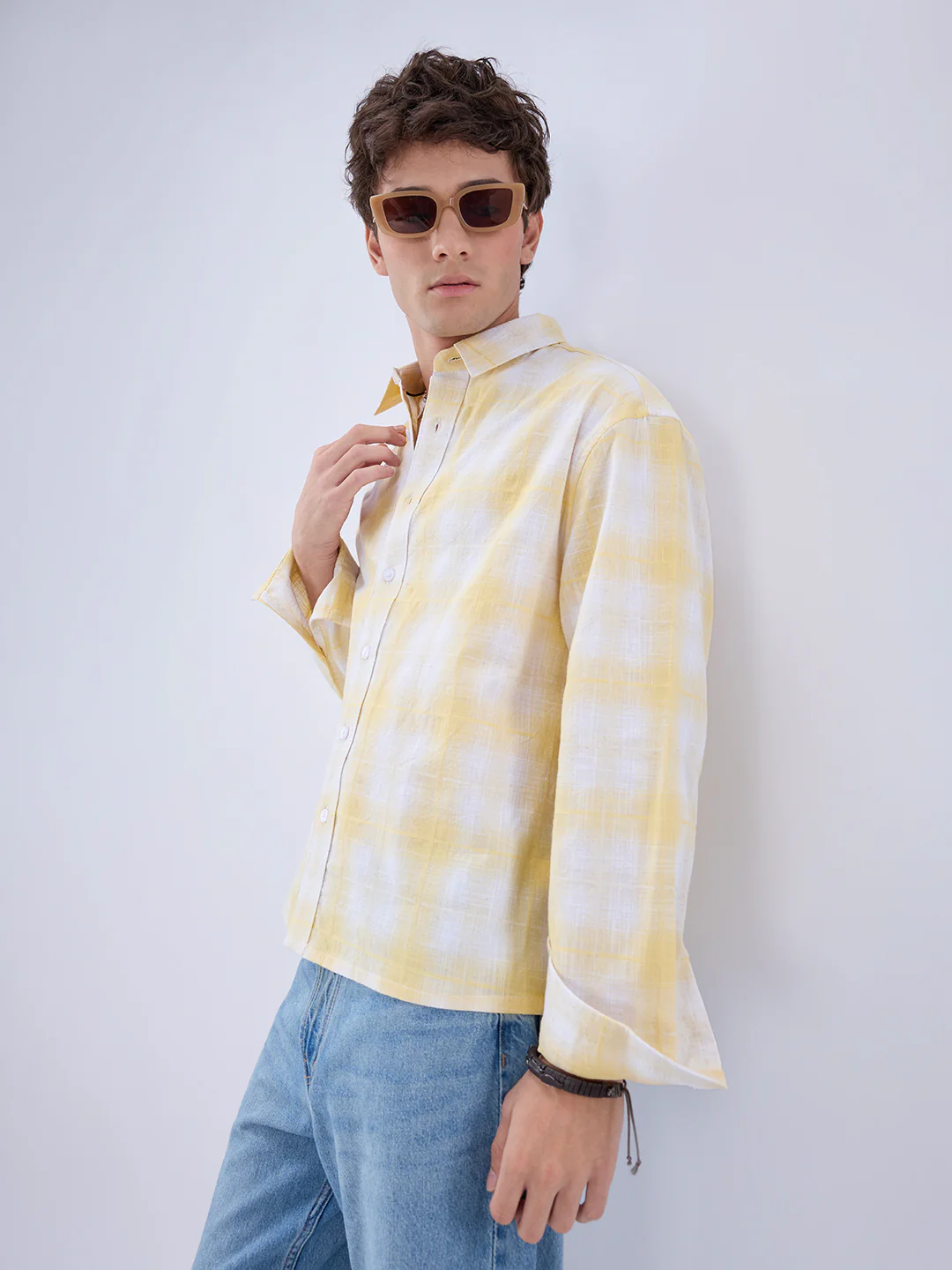 Sun Yellow Slub Grid Checks Boxy Fit Crop Shirt - Image 6