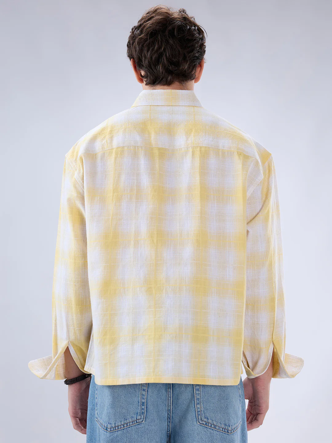 Sun Yellow Slub Grid Checks Boxy Fit Crop Shirt - Image 7