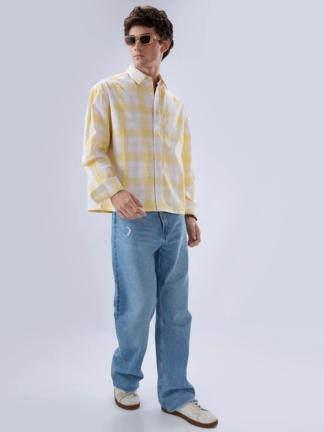 Sun Yellow Slub Grid Checks Boxy Fit Crop Shirt - Image 8