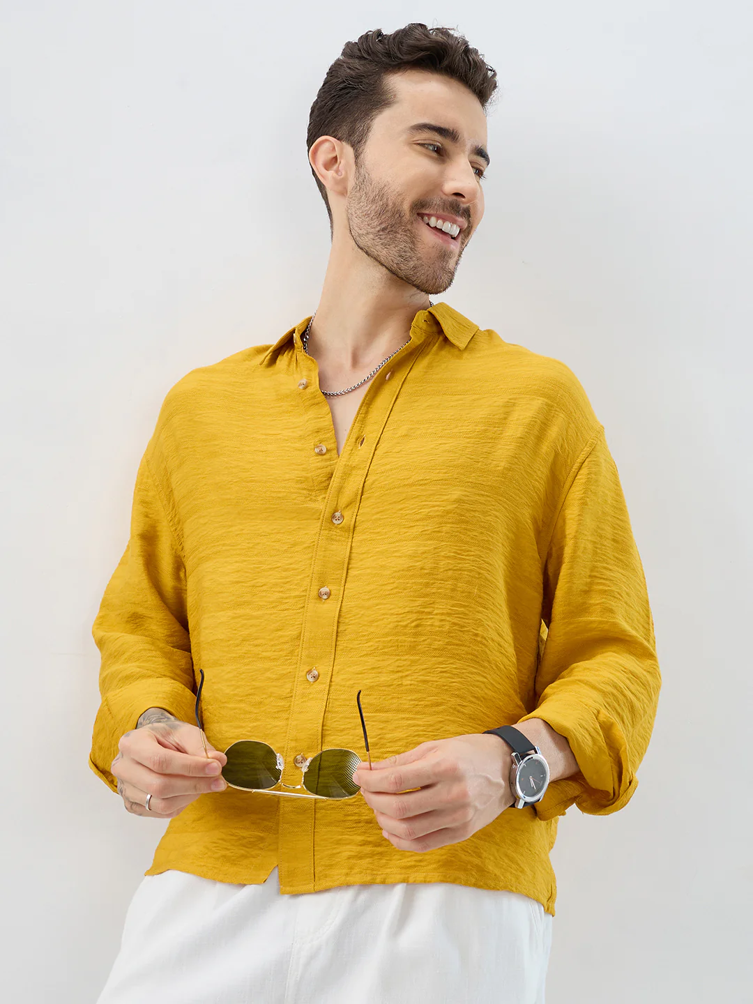 Sunlit Golden Aura Horizontal Textured Boxy Fit Crop Shirt