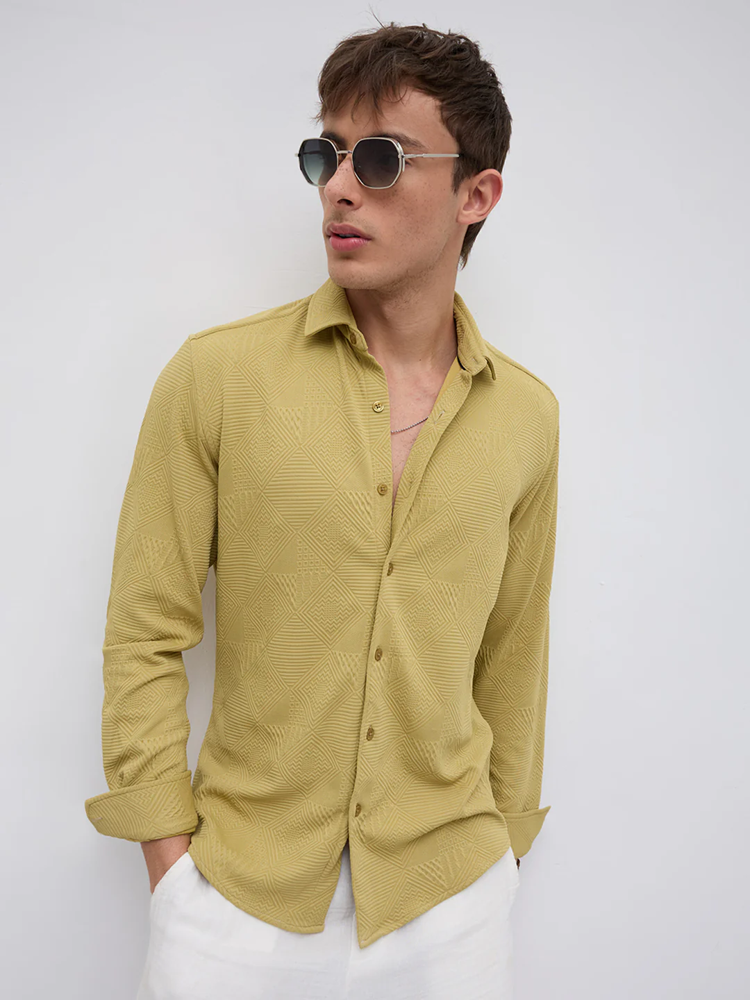 Sunlit Mustard Maze Textured Knitted Shirt - Image 2