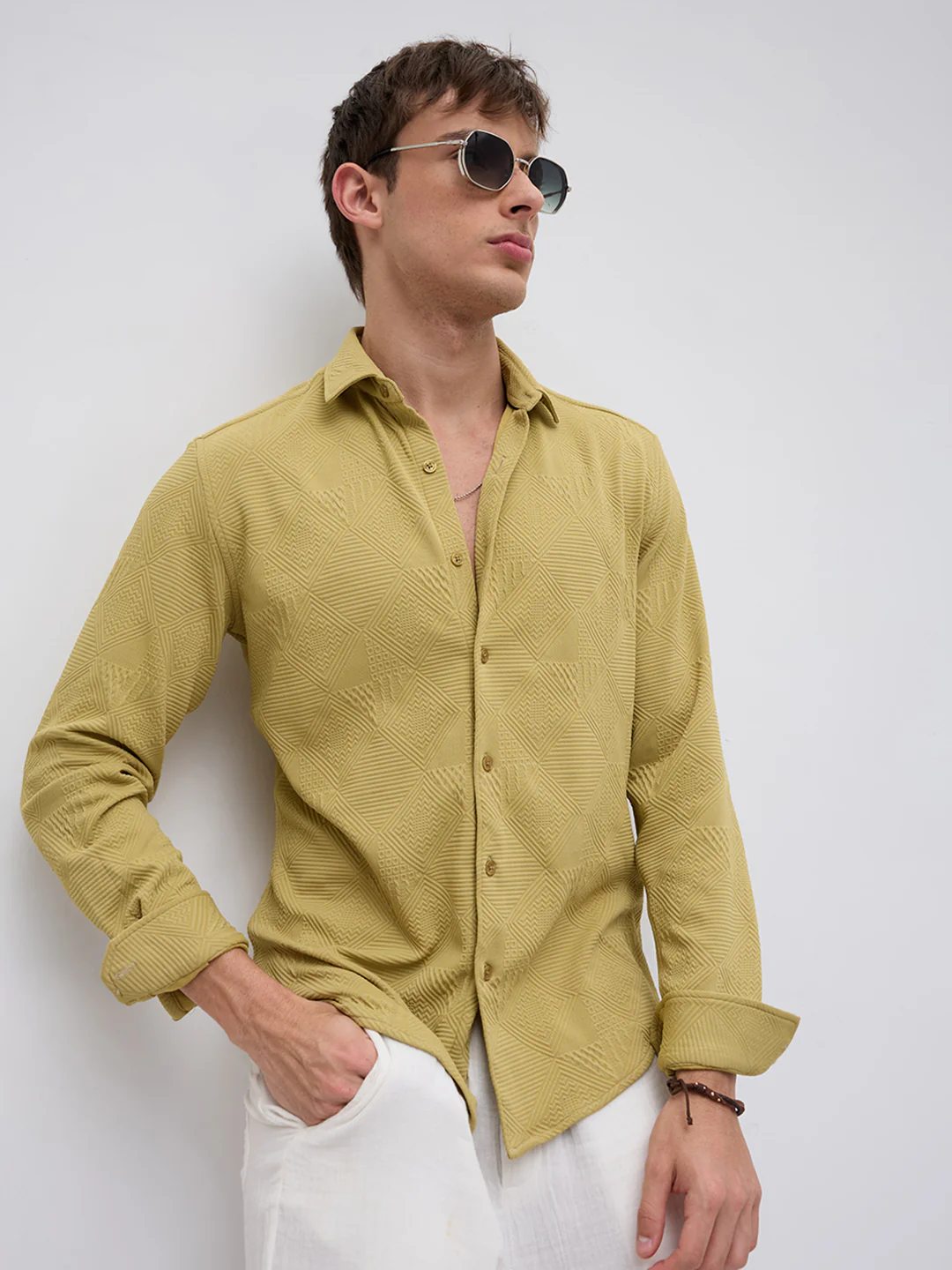 Sunlit Mustard Maze Textured Knitted Shirt - Image 4