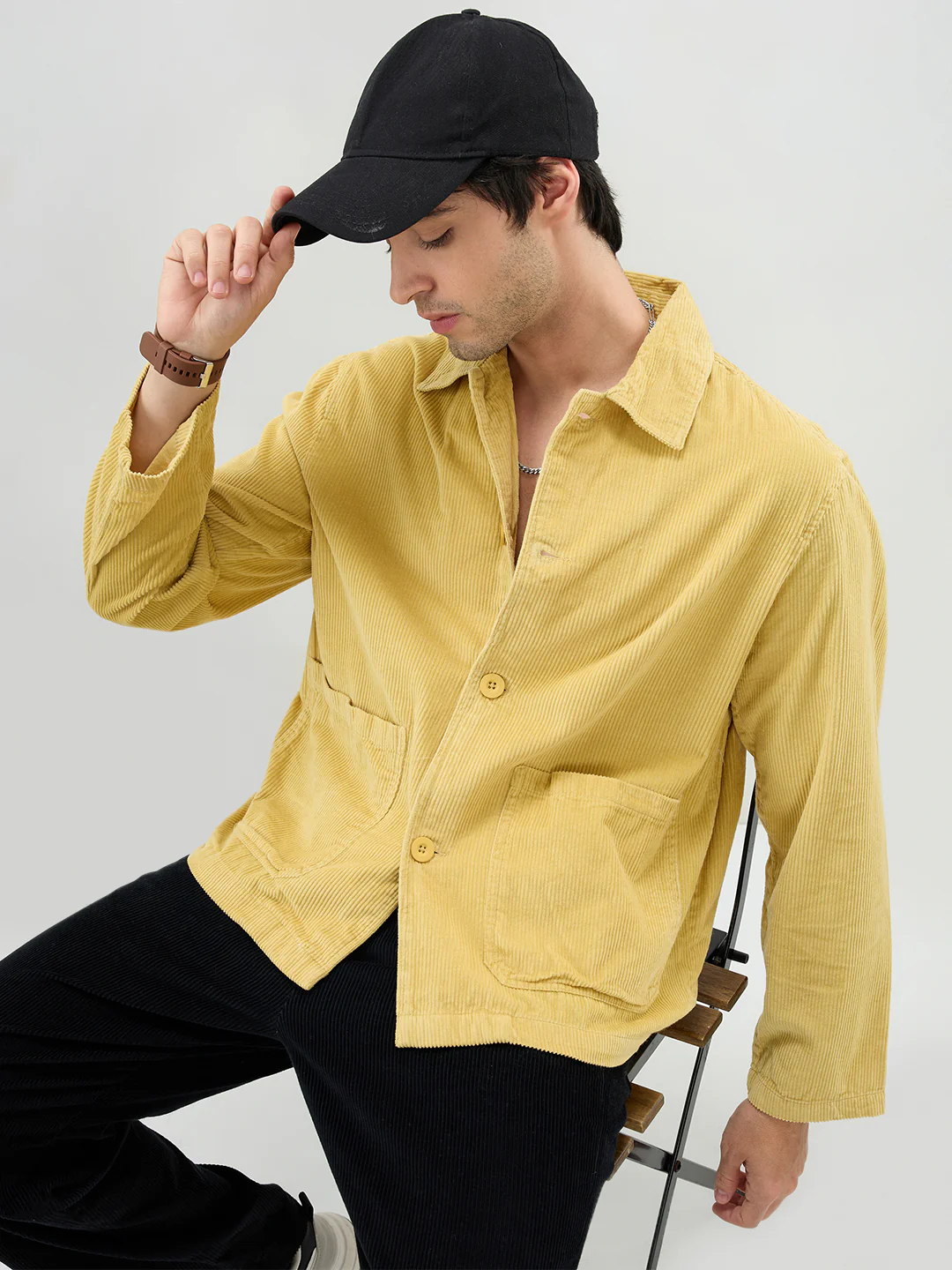 Sunmelt Mustard Corduroy Oversized Double Pocket Crop Shacket