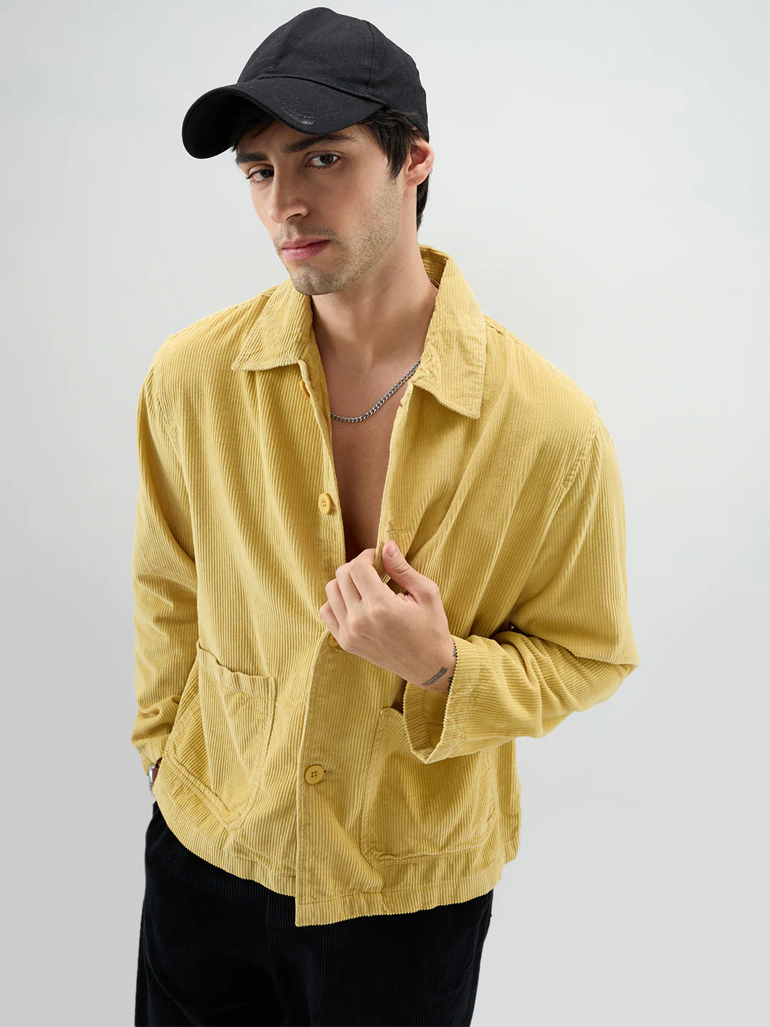 Sunmelt Mustard Corduroy Oversized Double Pocket Crop Shacket - Image 4