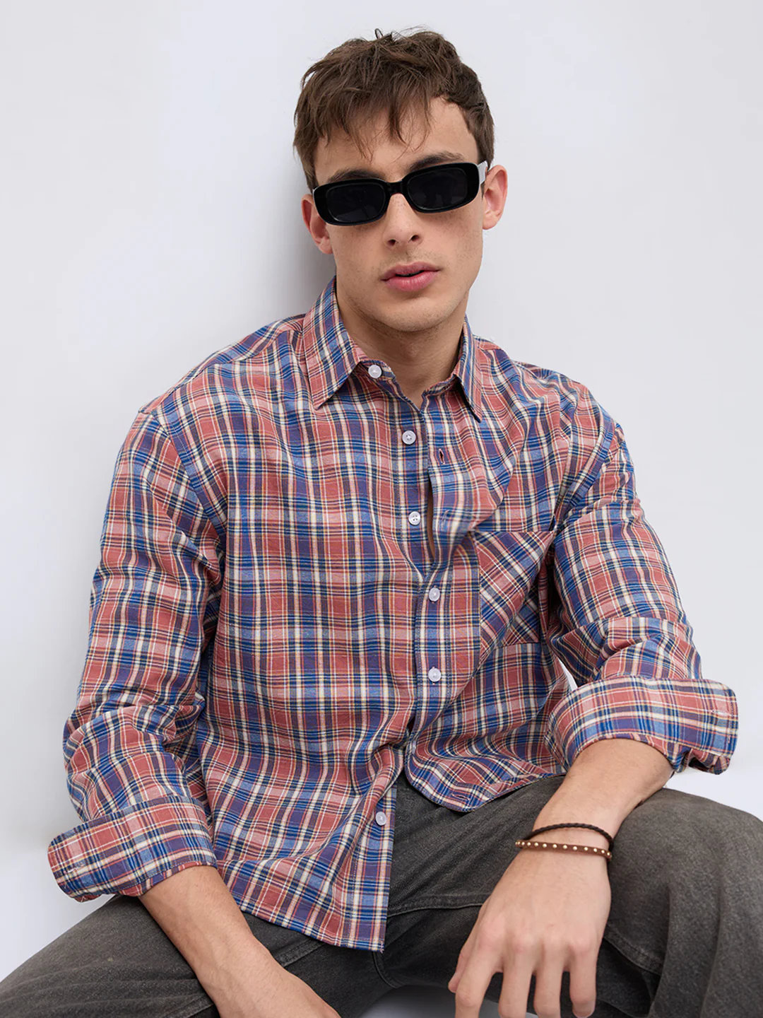 Sunset Denim Multi Checks Linen Blend Boxy Fit Crop Shirt