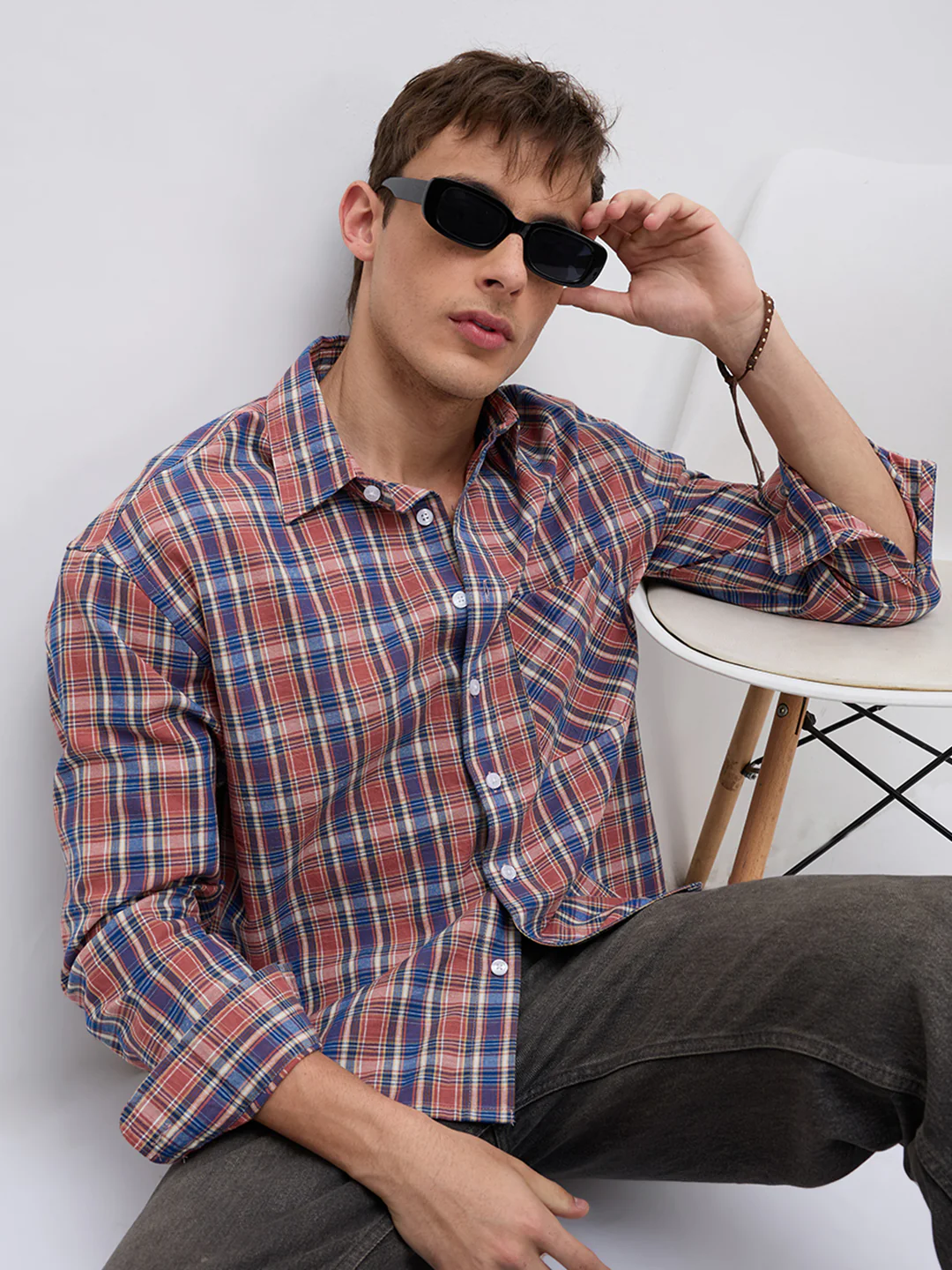 Sunset Denim Multi Checks Linen Blend Boxy Fit Crop Shirt - Image 4