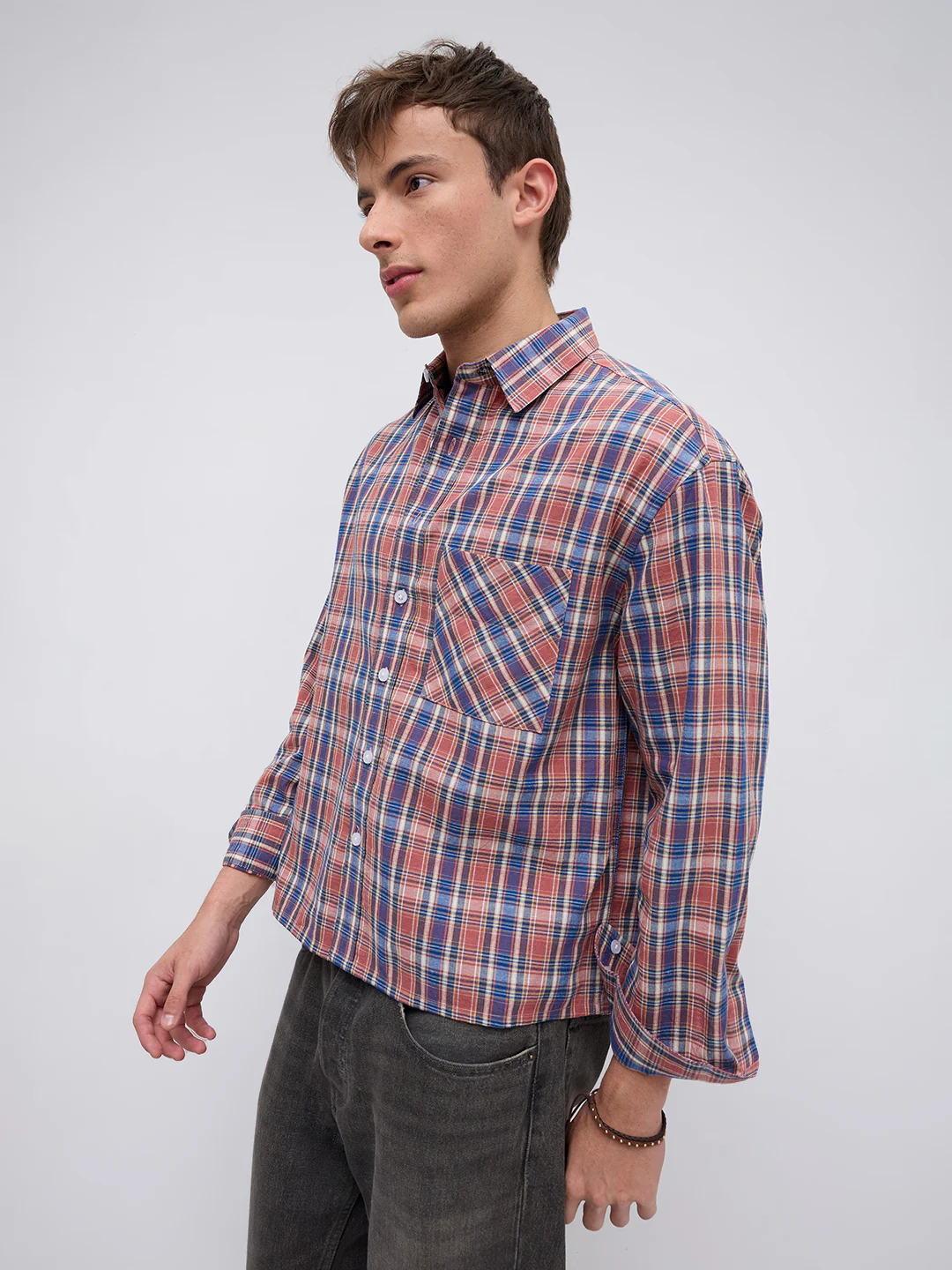 Sunset Denim Multi Checks Linen Blend Boxy Fit Crop Shirt - Image 7