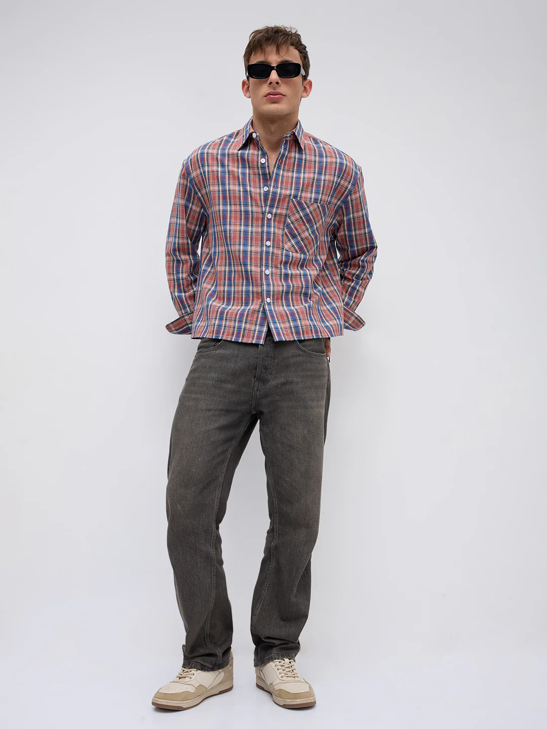Sunset Denim Multi Checks Linen Blend Boxy Fit Crop Shirt - Image 9