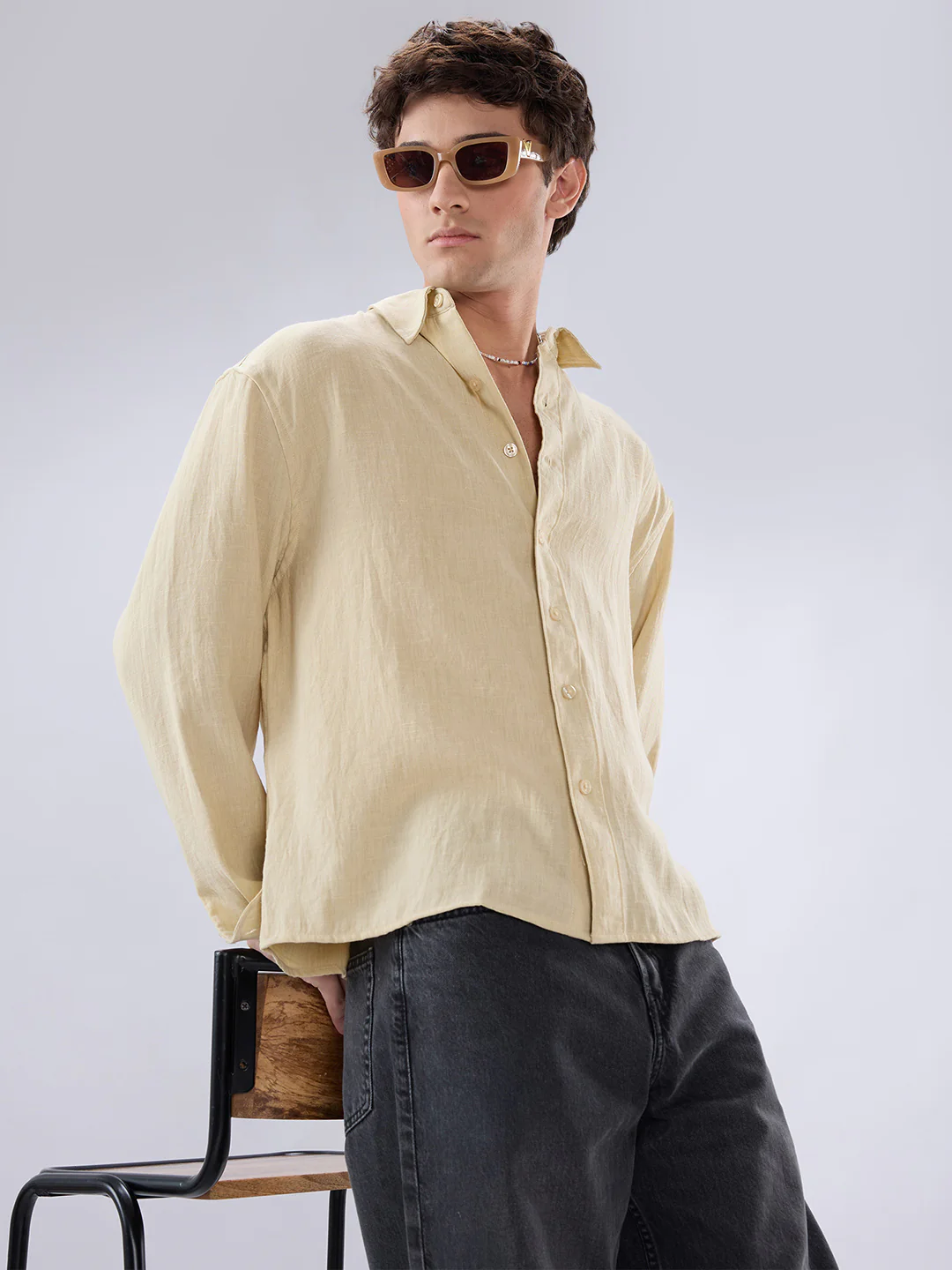 Sunwash Beige Slub Textured Boxy Fit Crop Shirt - Image 4