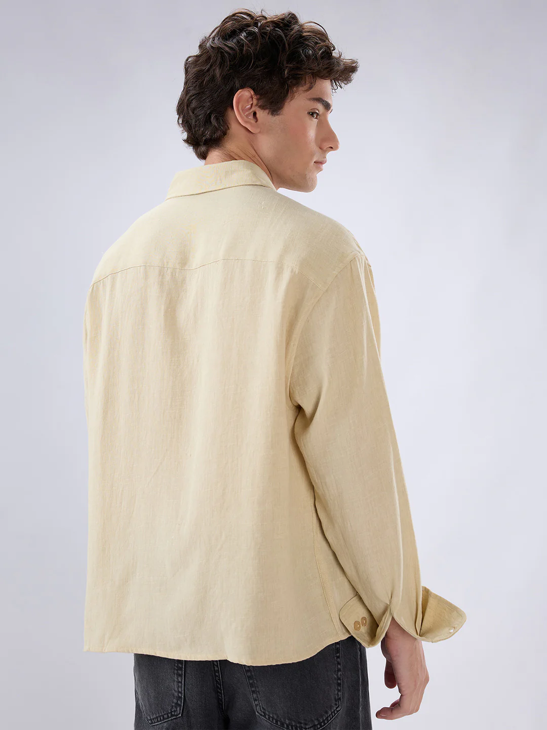 Sunwash Beige Slub Textured Boxy Fit Crop Shirt - Image 7