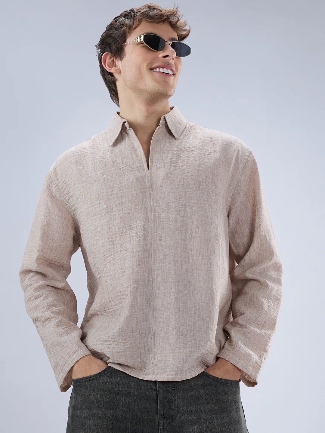 Tan Beige Crinkled Center Seam Oversized Polo Shirt - Image 2