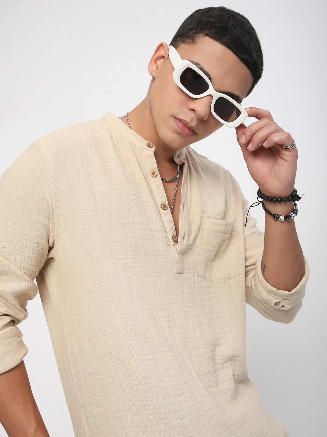 Tan Beige Double Cloth Crinkled Kurta - Image 2
