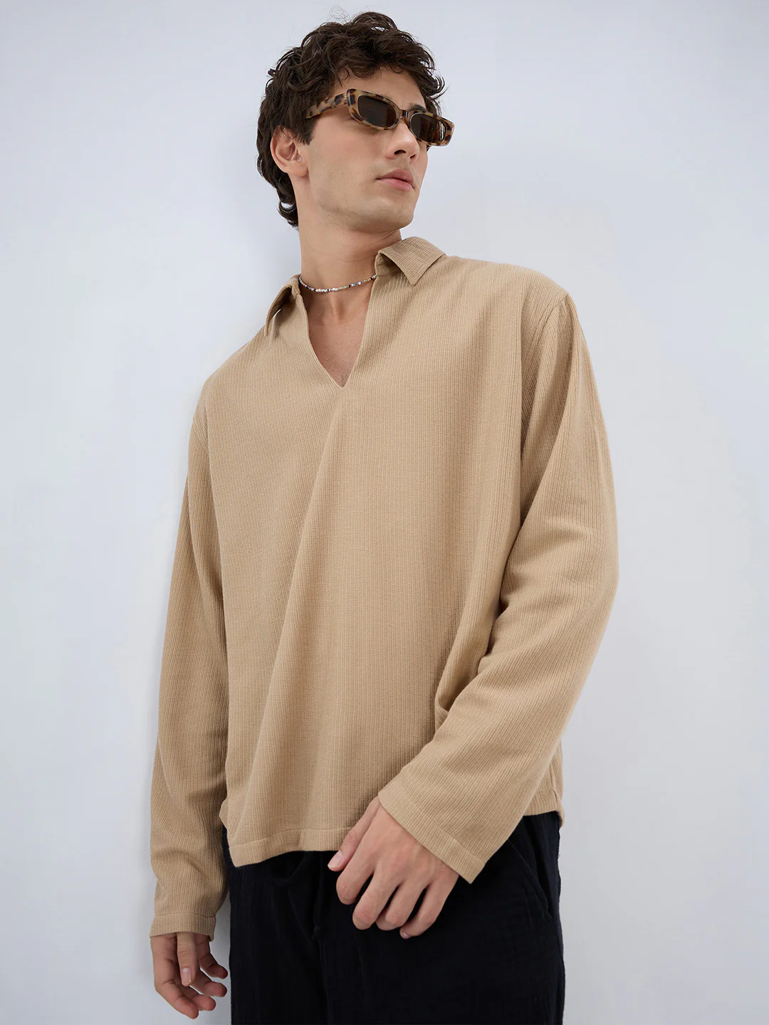 Tan Micro Weave Knitted Oversized Polo Shirt - Image 2