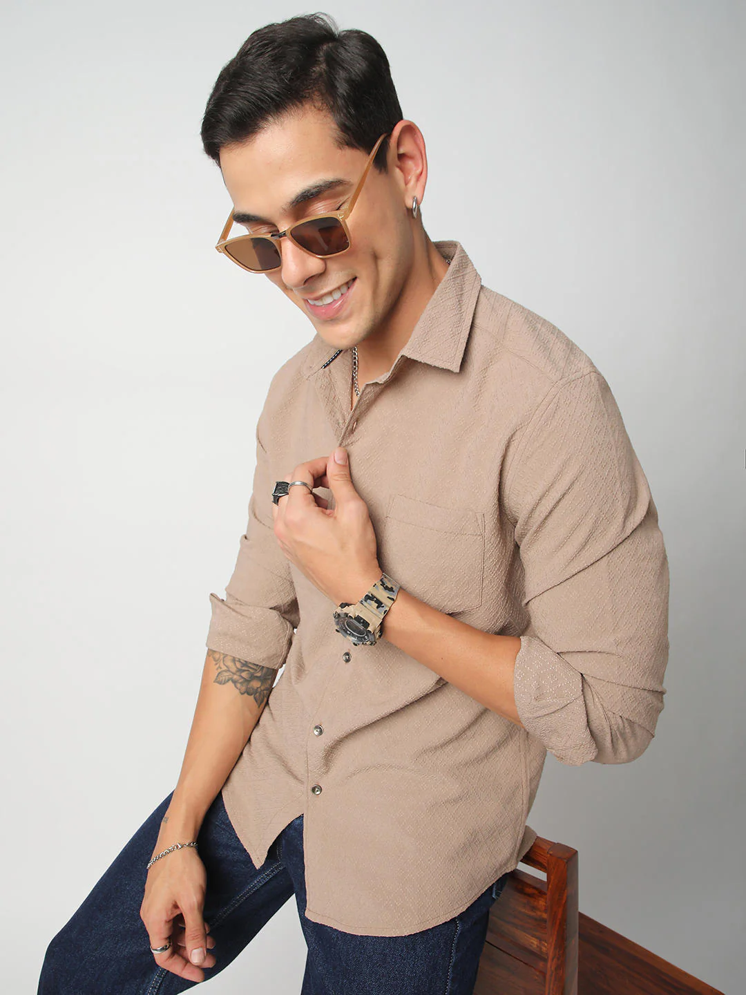 Taupe Beige Lozenge Jacquard Textured Shirt