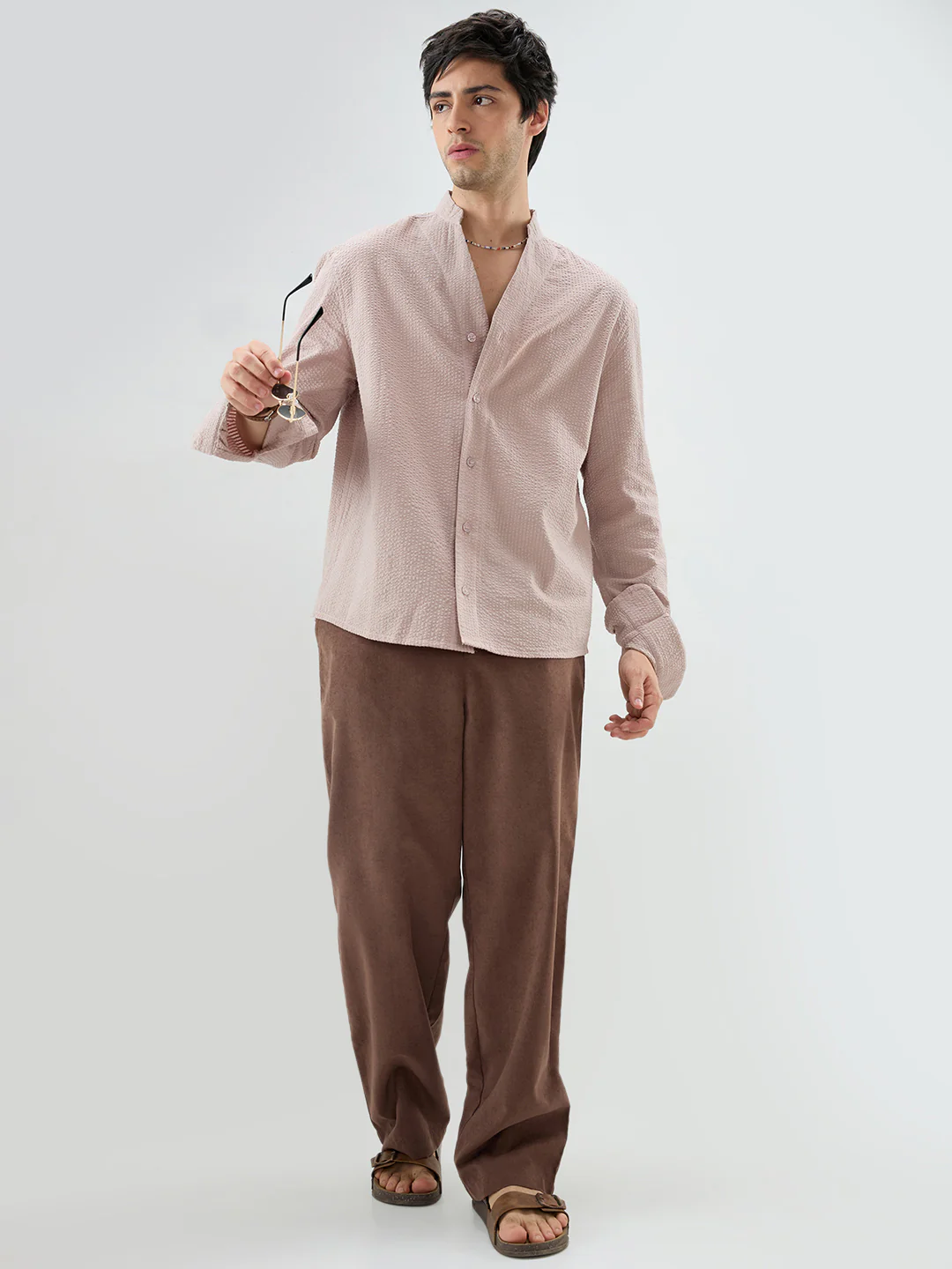 Taupe Beige Seersucker Striped Stand Collar Oversized Shirt - Image 8