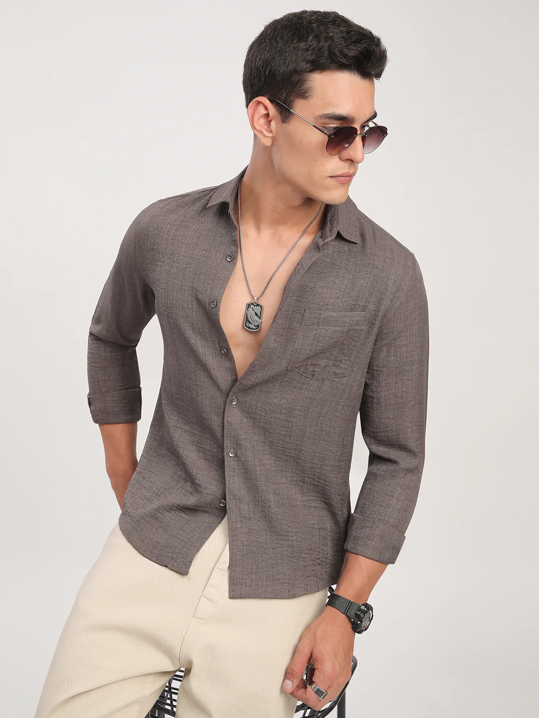 Taupe Minimalist Solid Crinkled Shirt