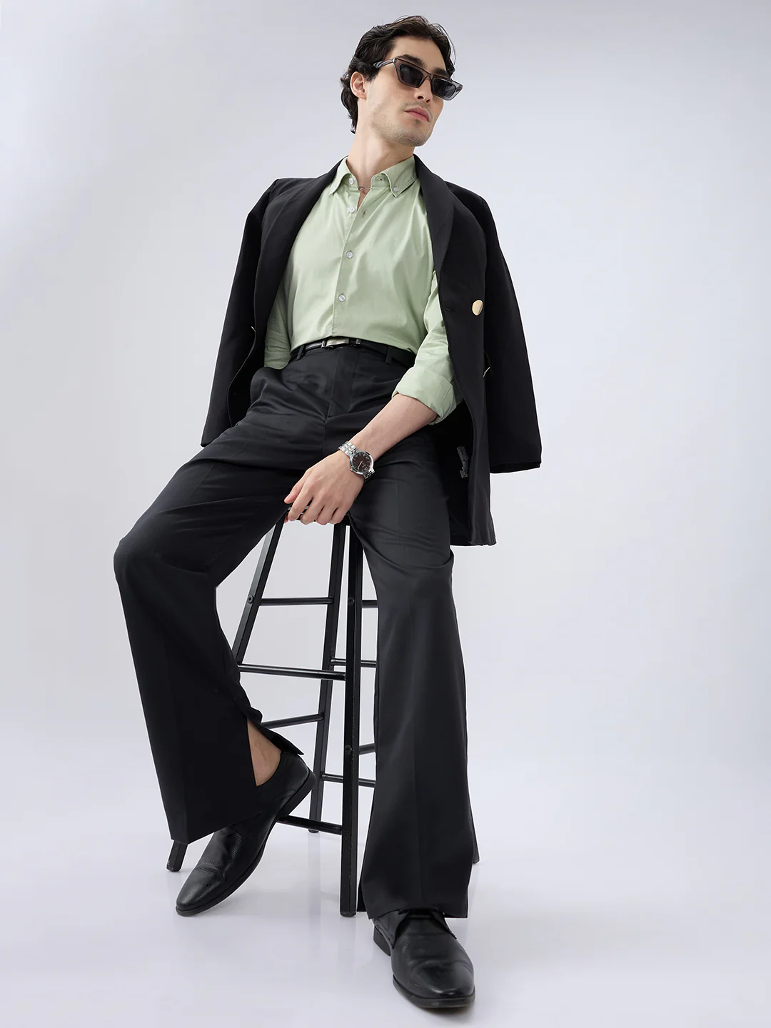 Tea Green Button-Down Collar Satin Shirt - Image 7