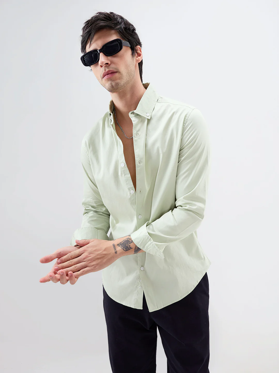 Tea Green Button-Down Collar Satin Shirt