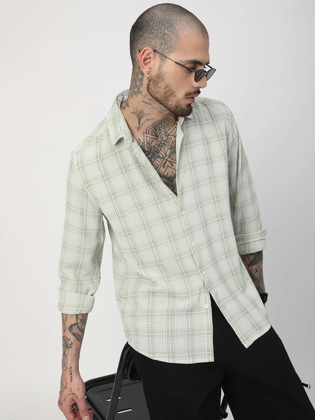 Tea Green Mini Plaid Checks Seersucker Shirt - Image 2