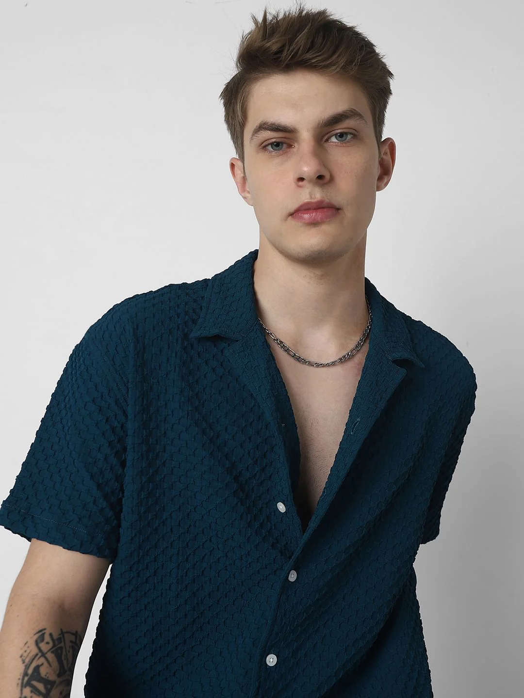 Teal Embossed Patterned Oversized Shirt