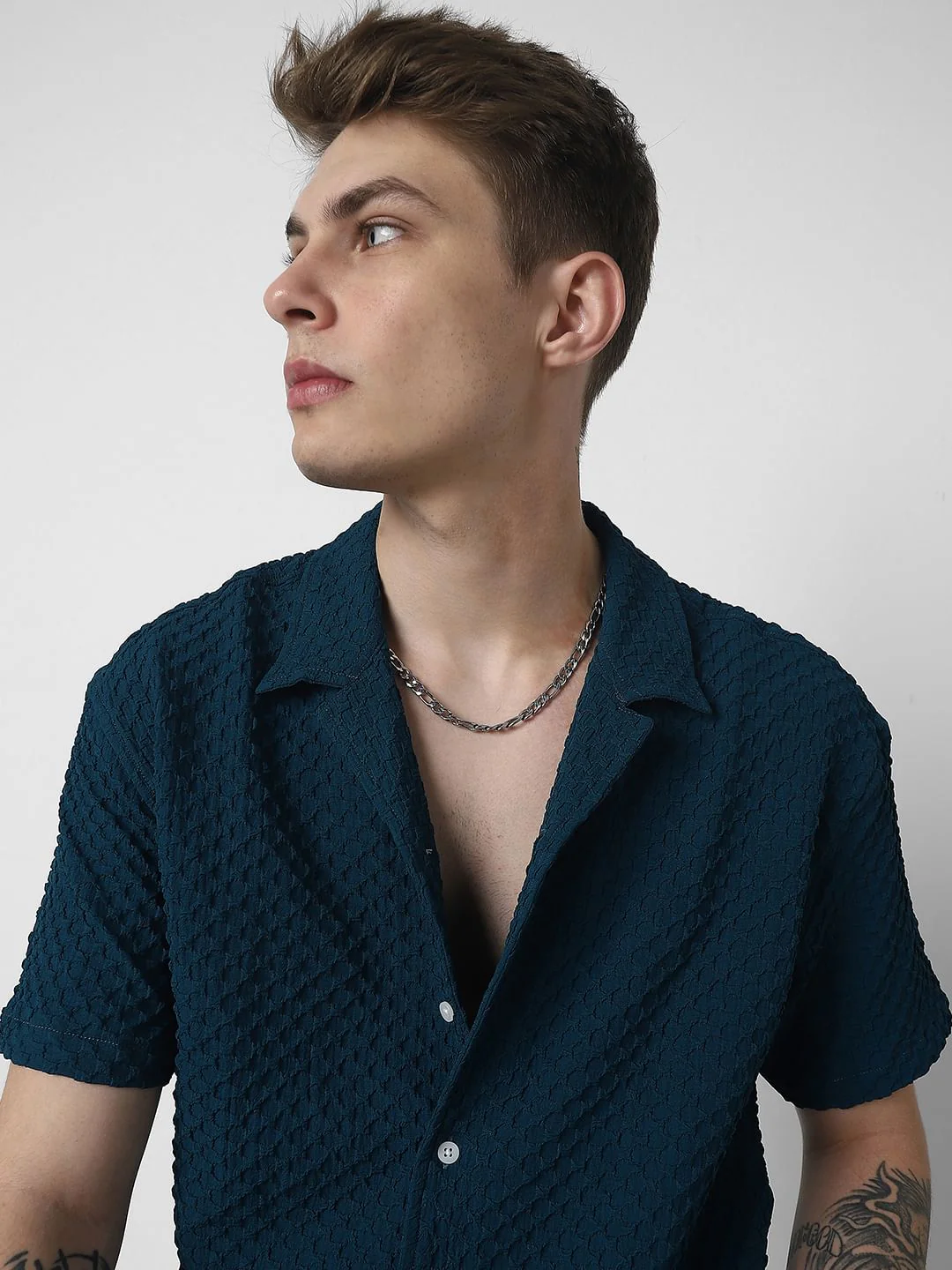 Teal Embossed Patterned Oversized Shirt - Image 2