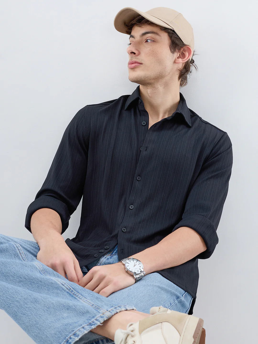 Timeless Black Fine Vertical Ribbed Knitted Shirt