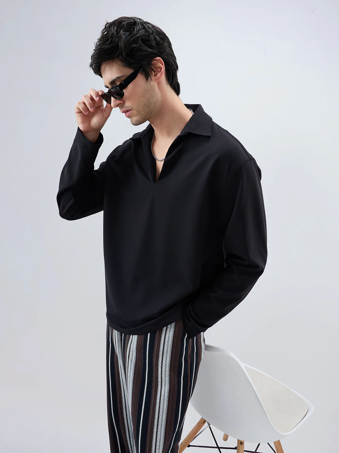 Timeless Black Oversized Polo Tencel Knit Shirt - Image 2