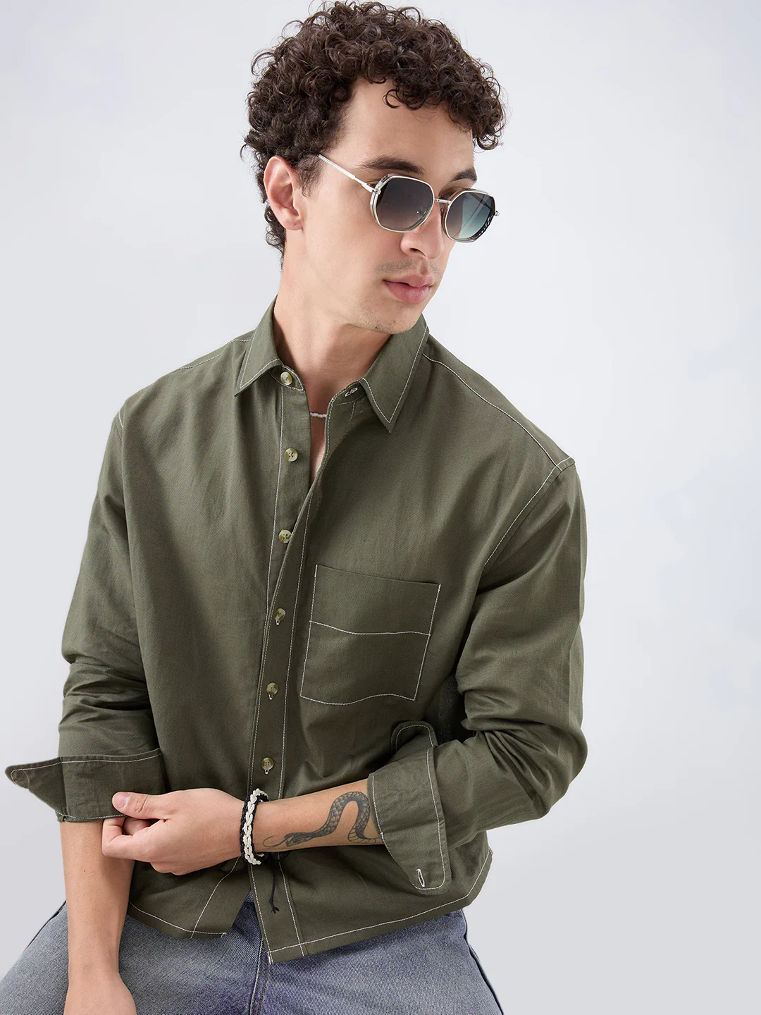 Timeless Olive Linen Blend Contrast Stitch Boxy Fit Crop Shirt - Image 2