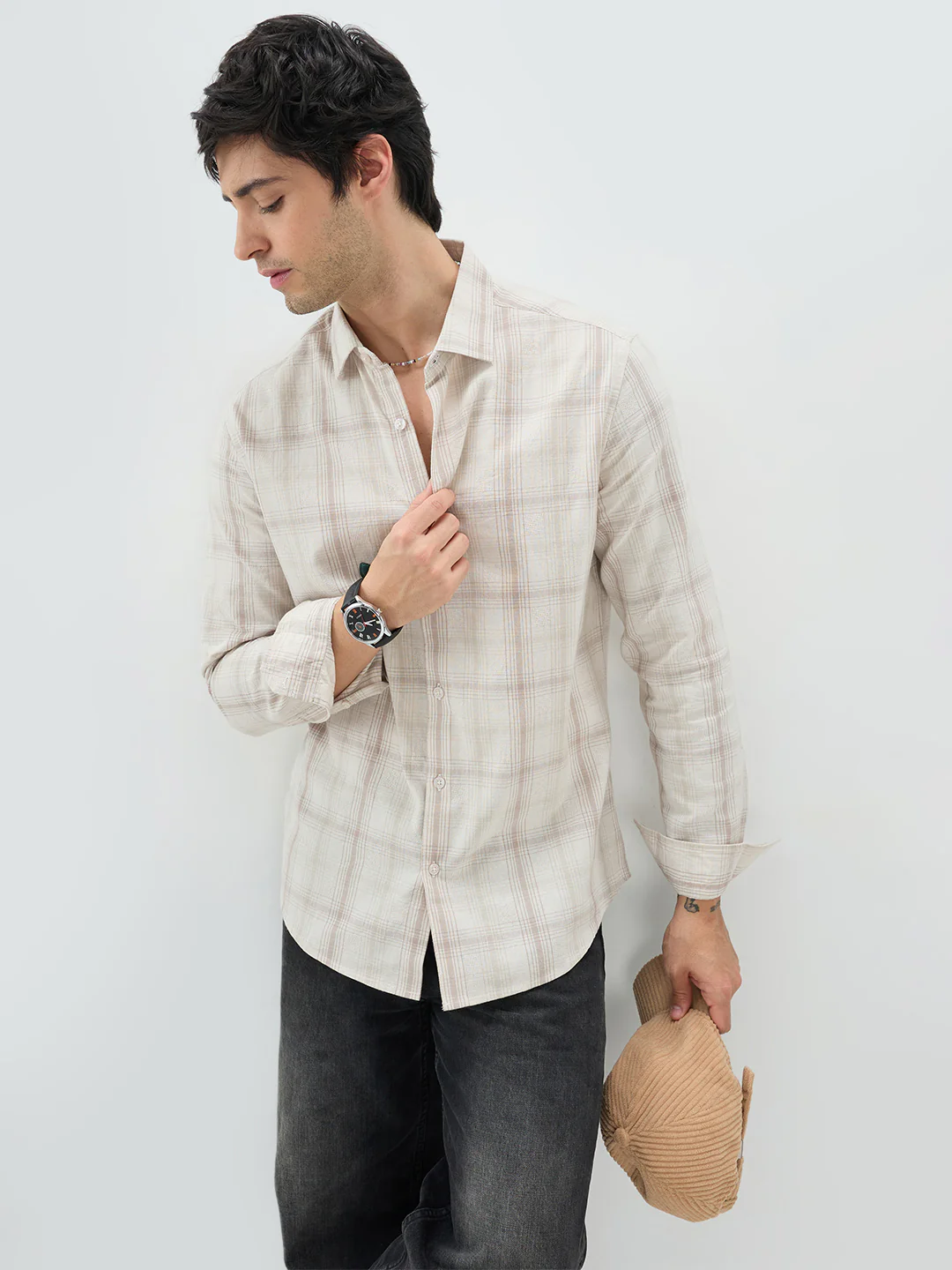 Timeless Sand Beige Plaid Checks Textured Shirt