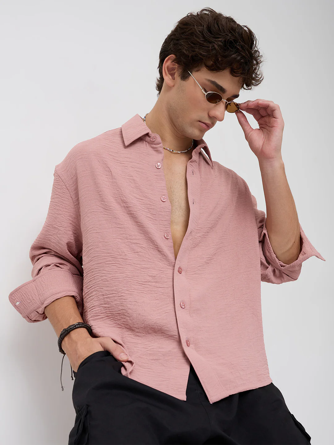 Trendy Spanish Pink Lightweight Crinkled Boxy Fit Crop Shirt - Image 2