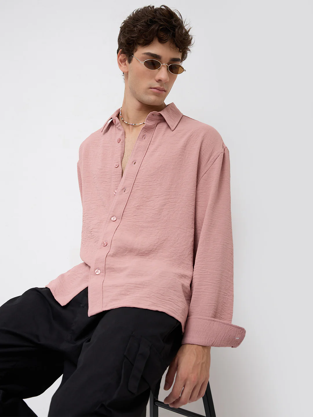 Trendy Spanish Pink Lightweight Crinkled Boxy Fit Crop Shirt - Image 4