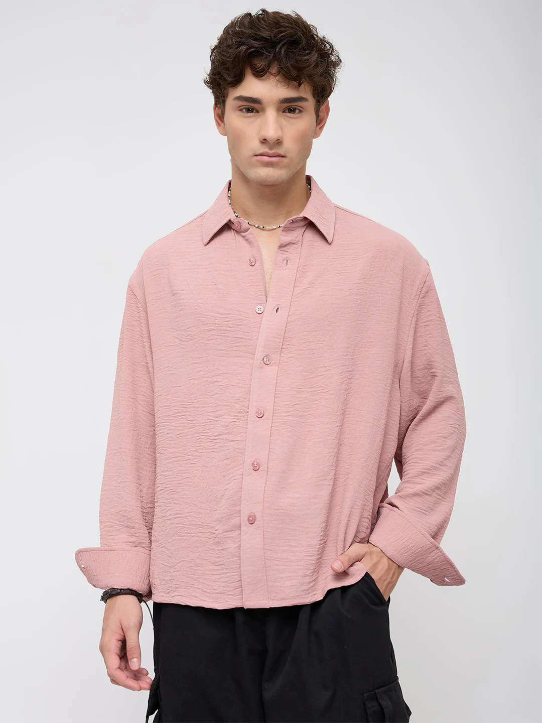 Trendy Spanish Pink Lightweight Crinkled Boxy Fit Crop Shirt - Image 5