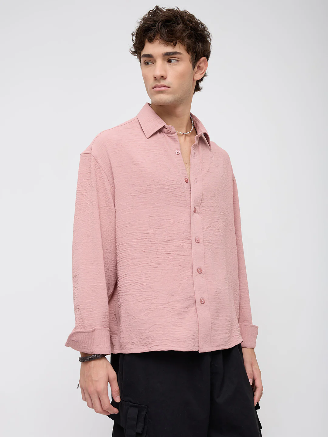 Trendy Spanish Pink Lightweight Crinkled Boxy Fit Crop Shirt - Image 6