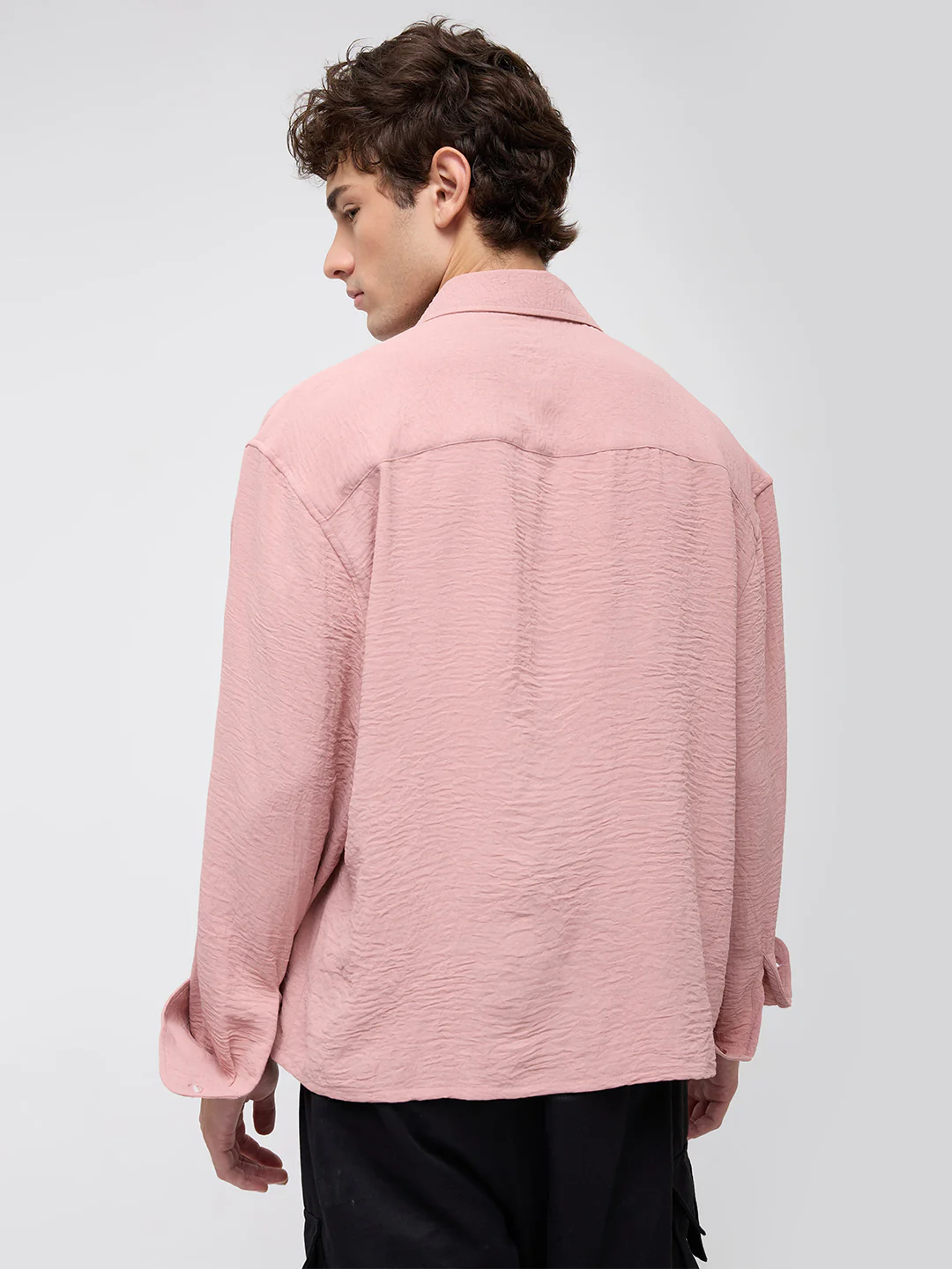 Trendy Spanish Pink Lightweight Crinkled Boxy Fit Crop Shirt - Image 7
